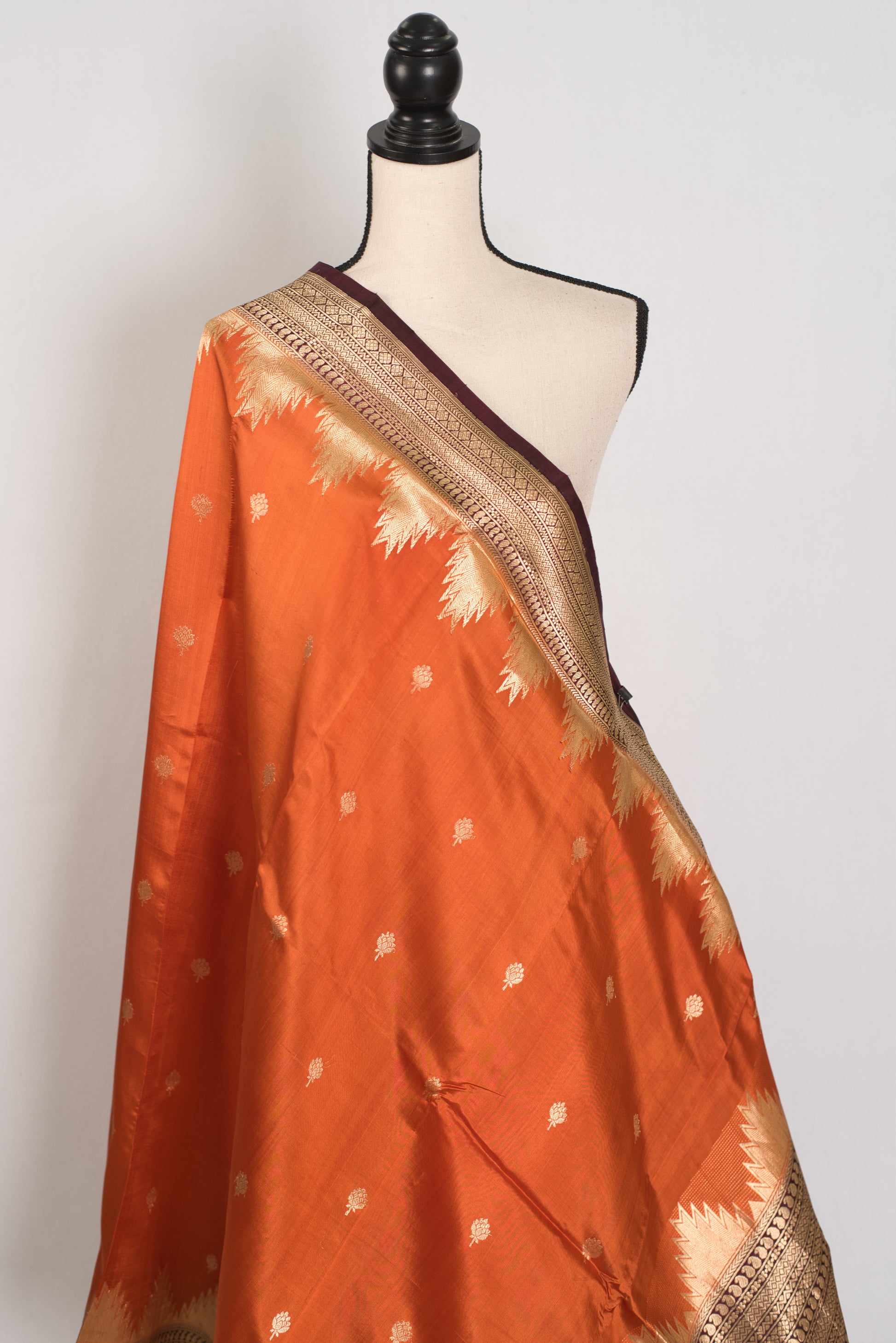 Bina: Rust Orange Pure Silk Banarasi Saree with Temple Border image 4