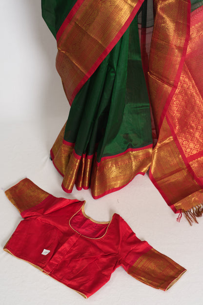Latha : Bottle Green and Red Cotton Silk Kanjivaram Saree with 36 Size Blouse image 1