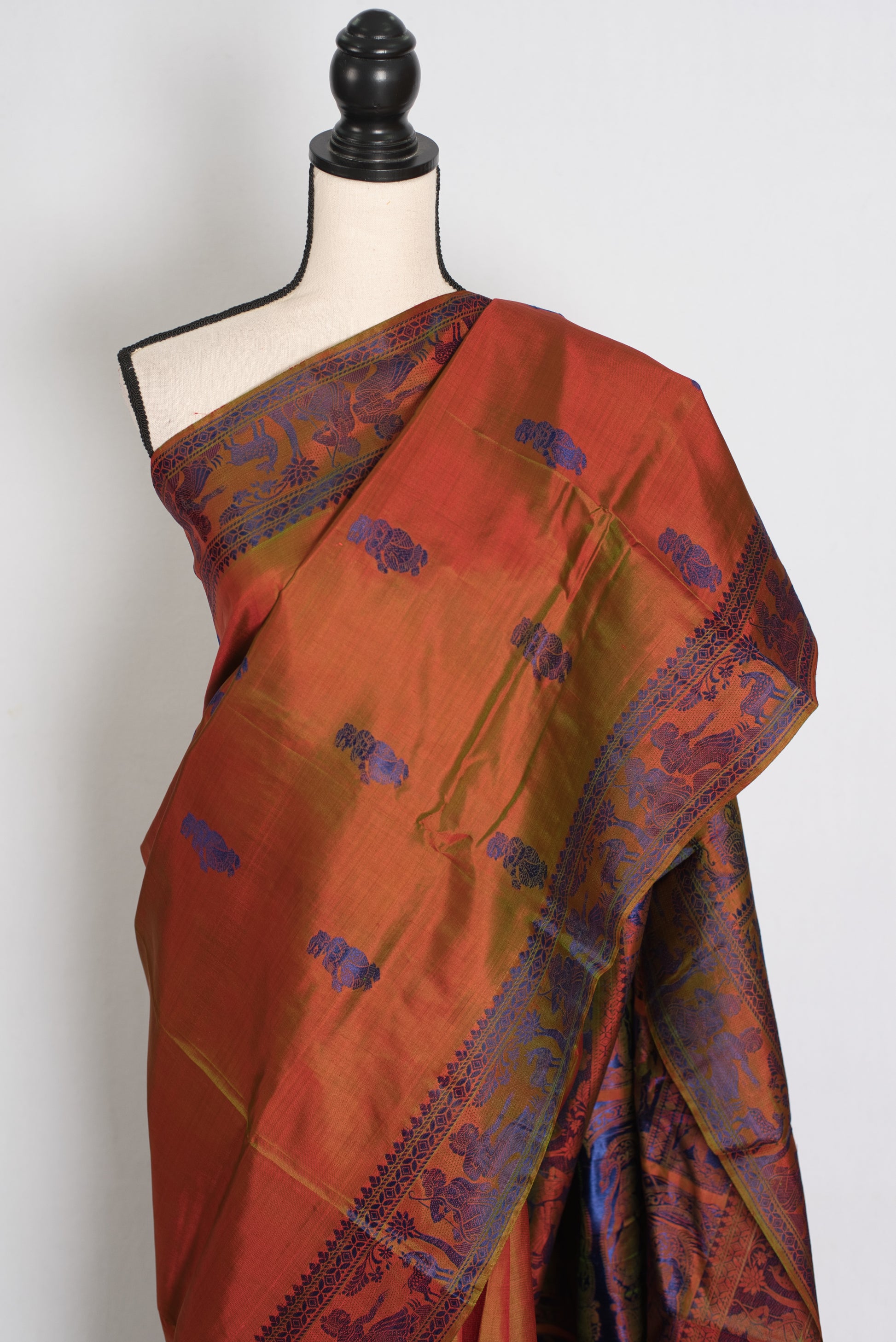Nita | Brown and Blue Handwoven Baluchari Silk Saree with Blue Minakari Detail image 6