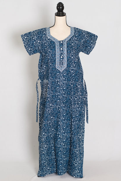 Indigo Blue Kalamkari Floral Print Pure Cotton Indian Nightgown image 1