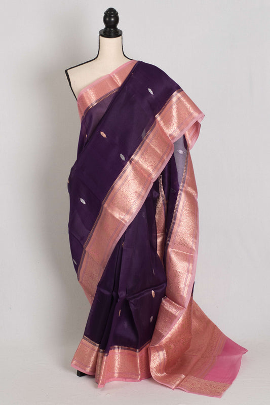 Nandini : Silk Mark Certified Purple with Pink Organza Banarasi Saree image 0