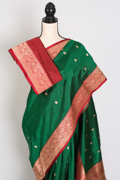 Saira : Certified Silk Banarasi Saree in Green and Dark Red image 2