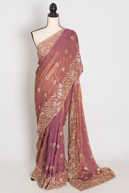 Farheen | Soft Peach Purple Organza Saree | Luxury Cocktail & Wedding Reception image 0