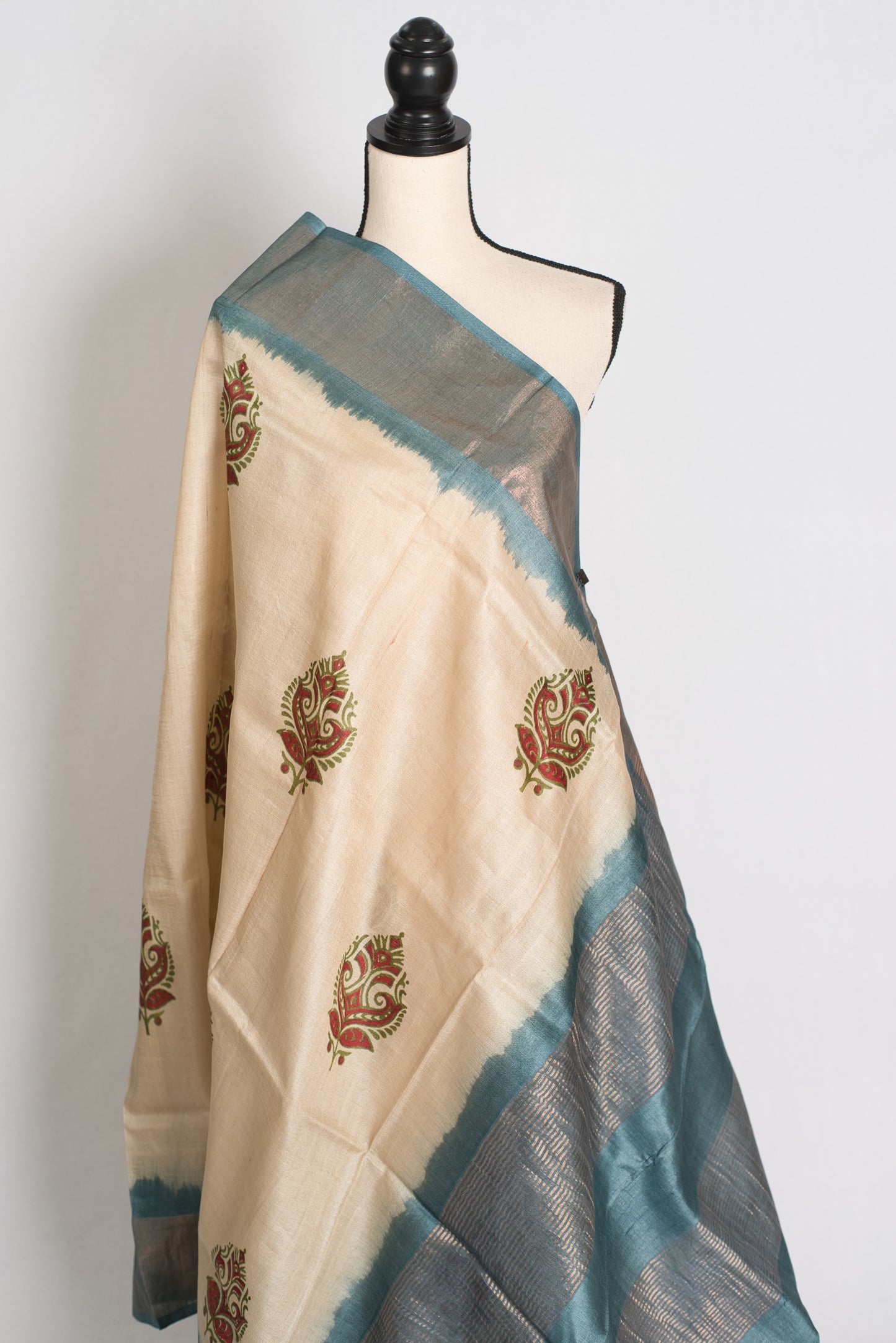 Bristy: Hand Block Printed Tussar Silk Saree in Cream and Grey image 4