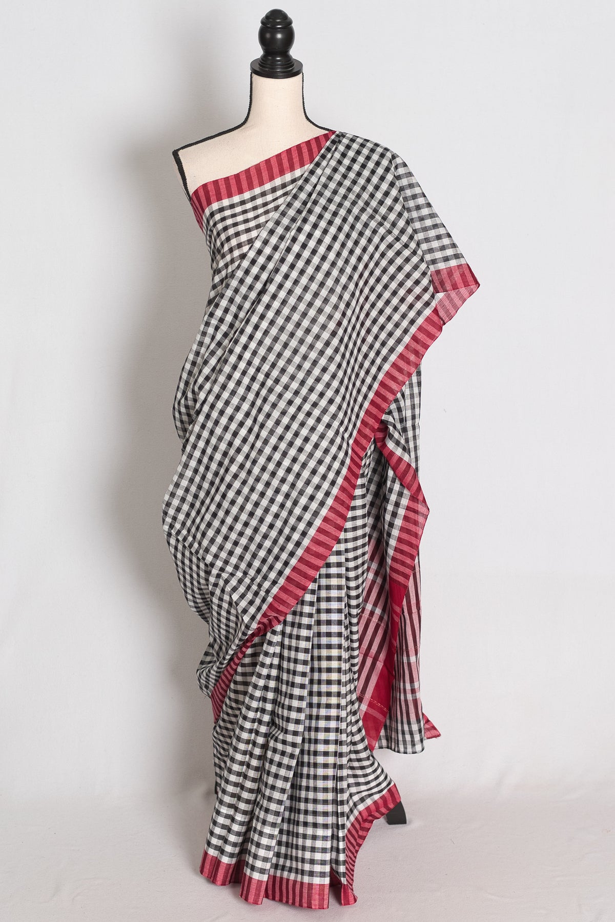 Amrita: White and Black Gamcha Checks Soft Cotton Dhaniakhali Saree image 0