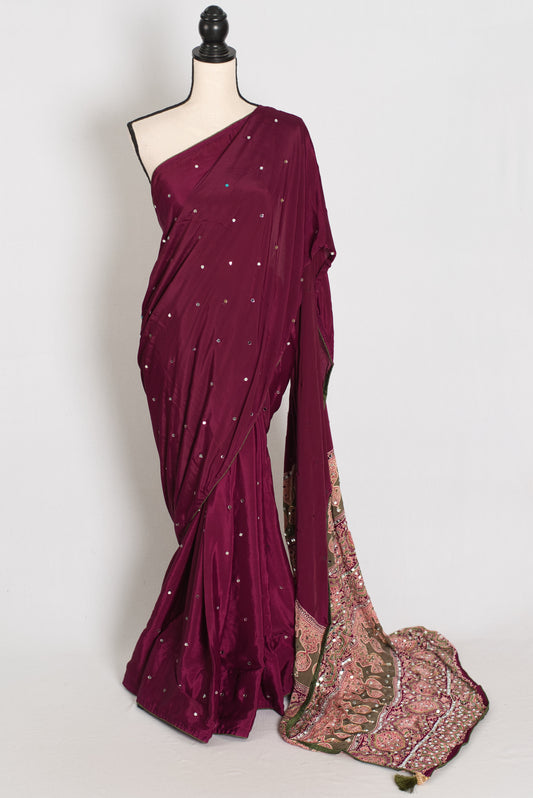 Naheed | Wine Color Mirror Work Partywear Ajrakh Saree | Bollywood Inspired image 0