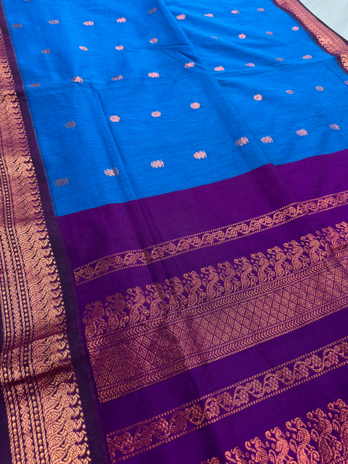 Ankhi: Bright Blue and Purple Blended Cotton Gadwal Saree image 3