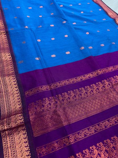 Ankhi: Bright Blue and Purple Blended Cotton Gadwal Saree image 3