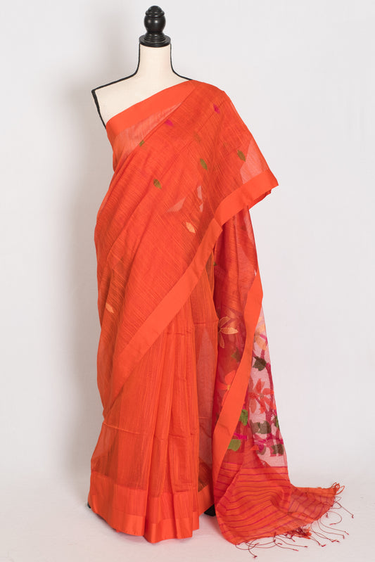 Gayetri: Orange Bengal Linen-Cotton Saree with Resham Jamdani Pallu image 0