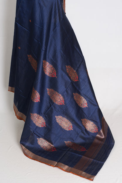 Uma : Midnight Blue Minakari Handwoven Pure Raw Silk Tussar Banarasi Saree image 3