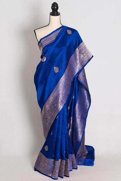 Sumaira : Royal Blue Pure Satin Silk Banarasi Saree with Silver-Gold Zari image 0