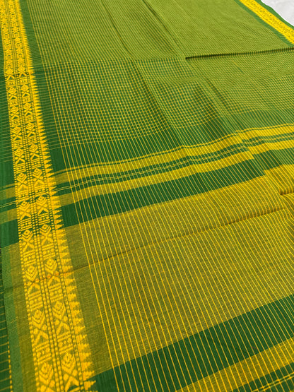 Gayetri : Green and Yellow Micro Checks Soft Cotton Dhaniakhali Saree image 3