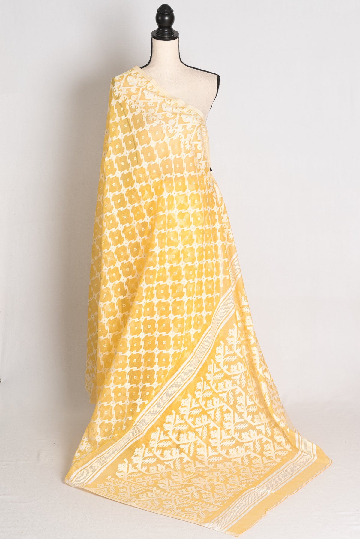 Urmi : Butter Yellow and White Soft Blended Cotton Bengali Jamdani Saree image 1