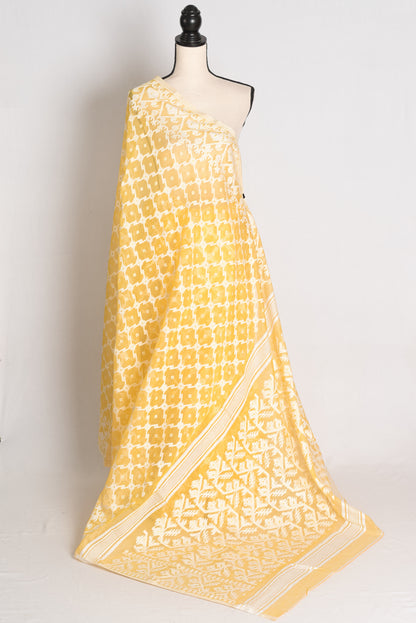 Urmi : Butter Yellow and White Soft Blended Cotton Bengali Jamdani Saree image 1