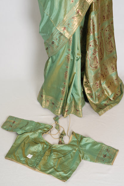 Vibha | Pastel Sea Green Handwoven Minakari Swarnachari Saree | 40 Size Blouse image 1