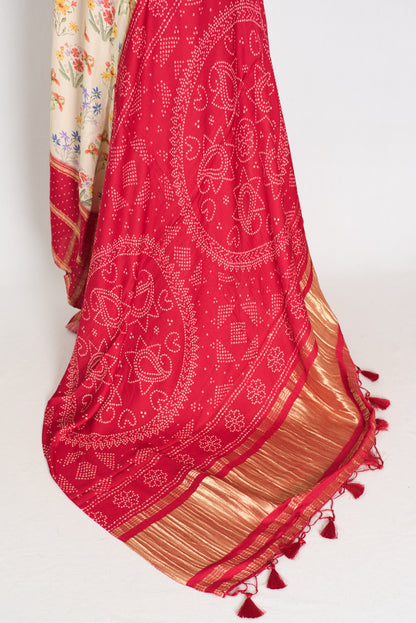 Mehuli | Cream & Rosy Red Modal Silk Saree | Gharchola & Bandhani Print image 5