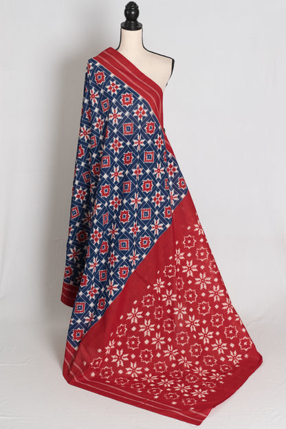 Tia Blue and Red Telia Rumal Handwoven Pochampally Double Ikat Pure Cotton Saree image 1