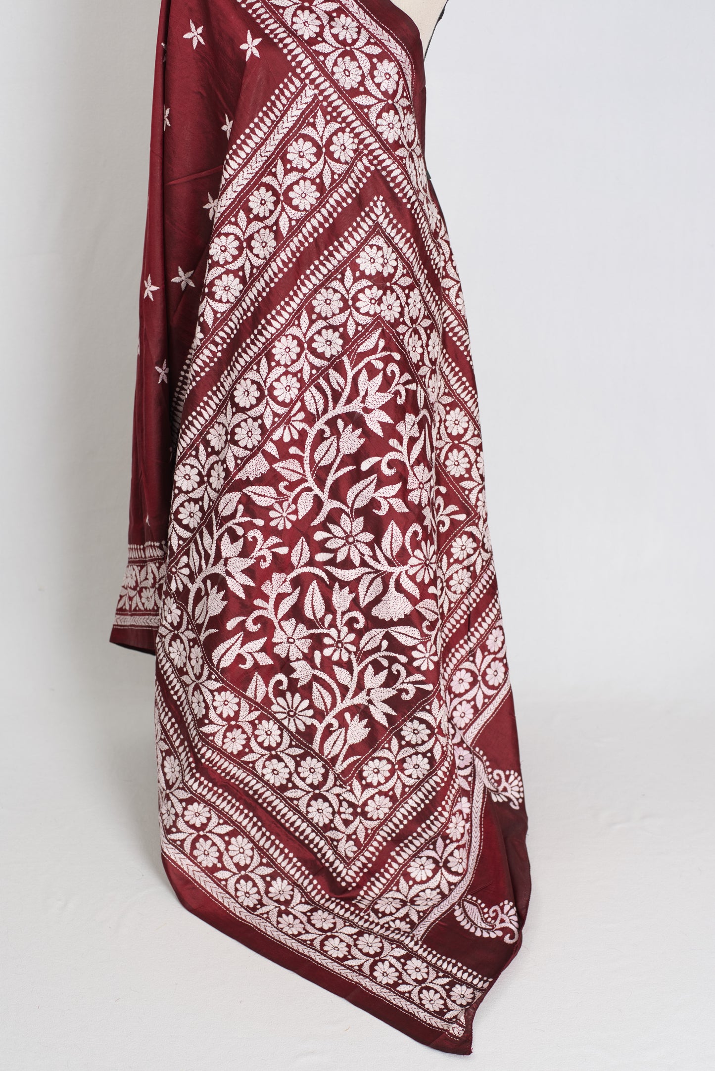 Sarini : Silk Mark Certified Maroon Hand Embroidery Kantha Stitch Silk Saree image 3