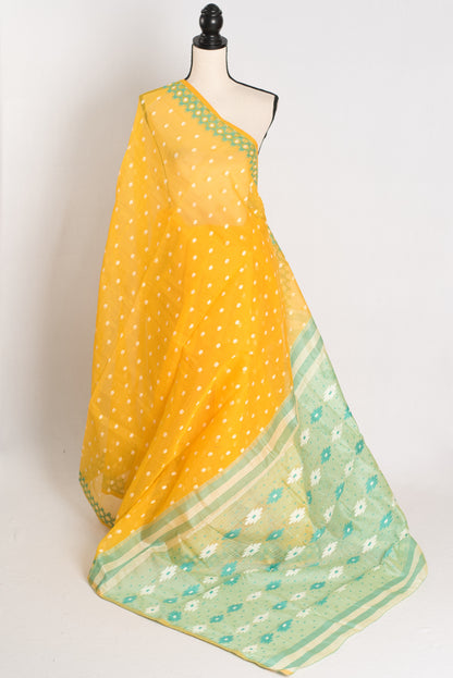 Gayetri : Yellow and Green Blended Soft Cotton Jamdani Bengali Saree image 1
