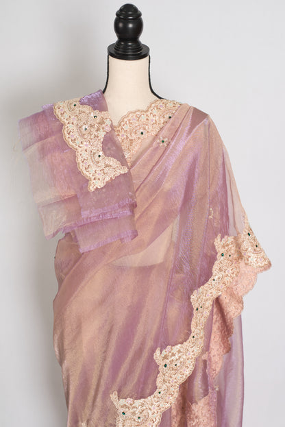Priya | Lavender Soft Tissue Scalloped Embroidery Saree | Pastel Partywear image 2