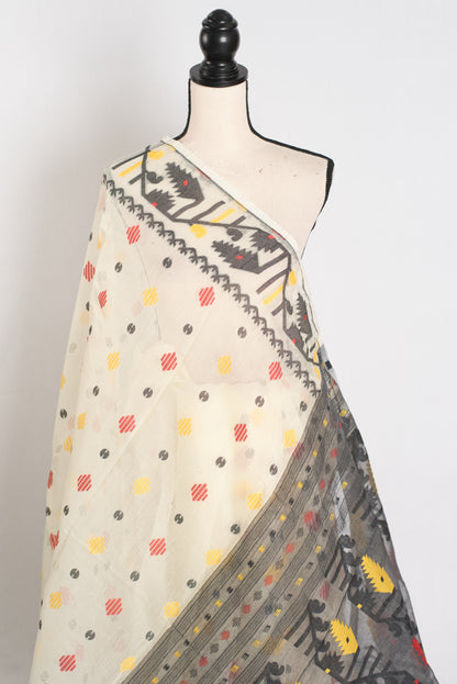 Mousumi : Cream and Black Blended Soft Cotton Jamdani Bengali Saree image 3