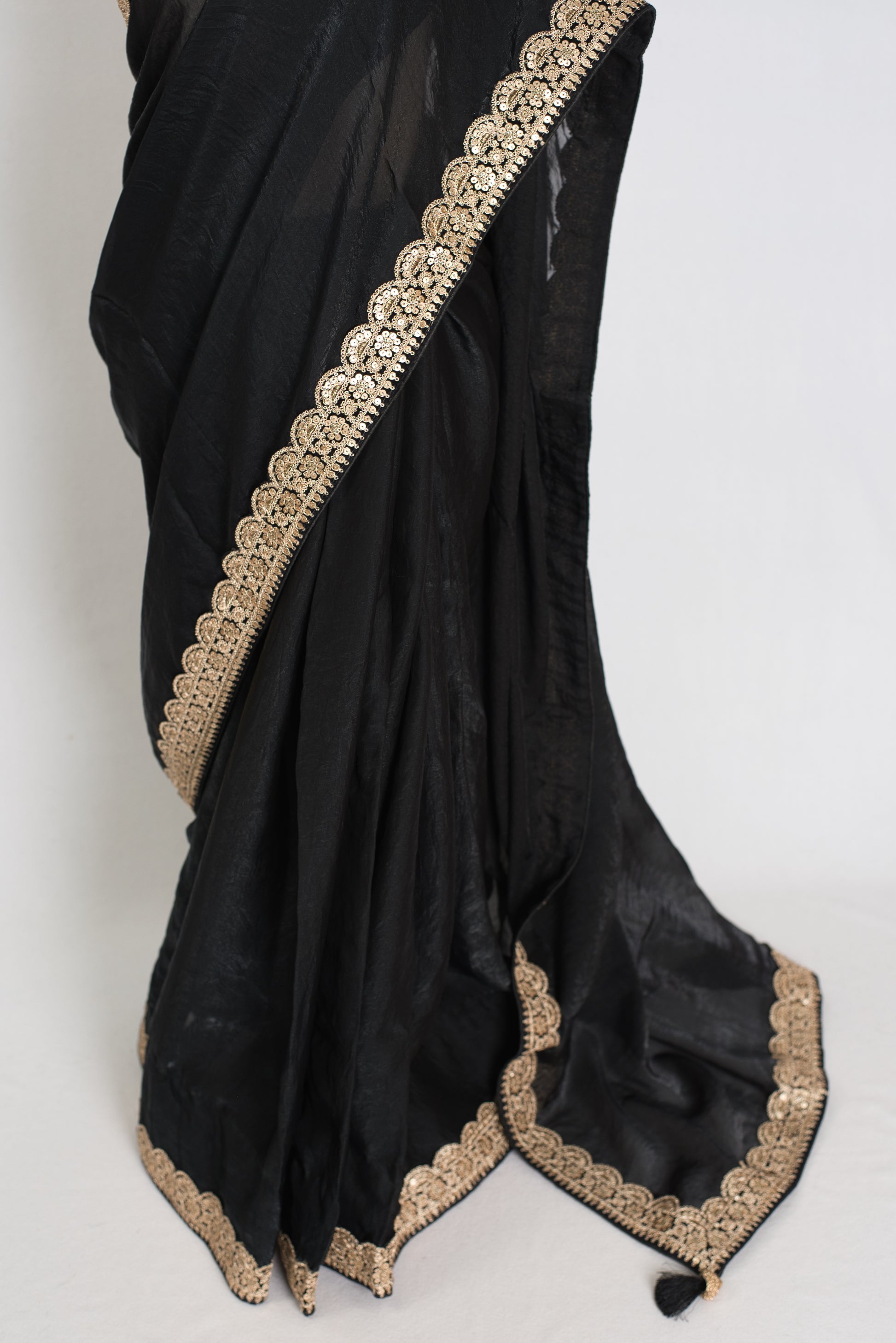 Farah : Designer Glass Tissue Black Partywear Saree with Patched Gold Border image 6