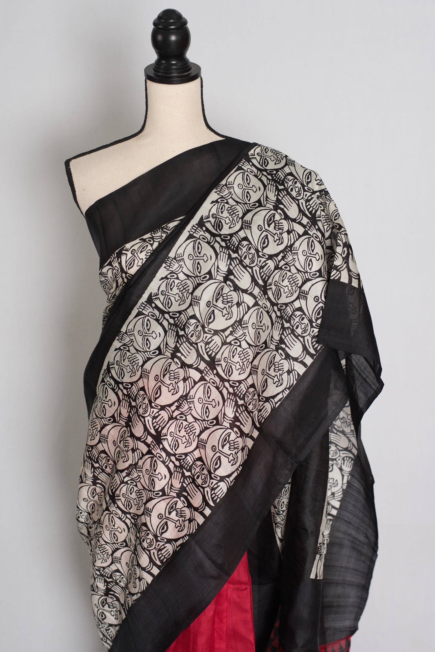 Swapna : Black and Red Half and Half Hand Block Printed Murshidabad Silk Saree image 5