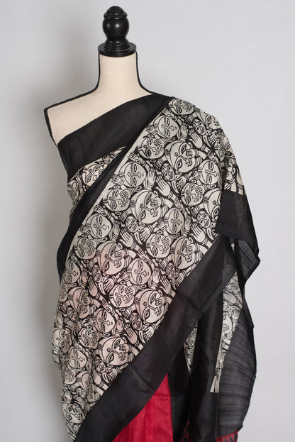 Swapna : Black and Red Half and Half Hand Block Printed Murshidabad Silk Saree image 5