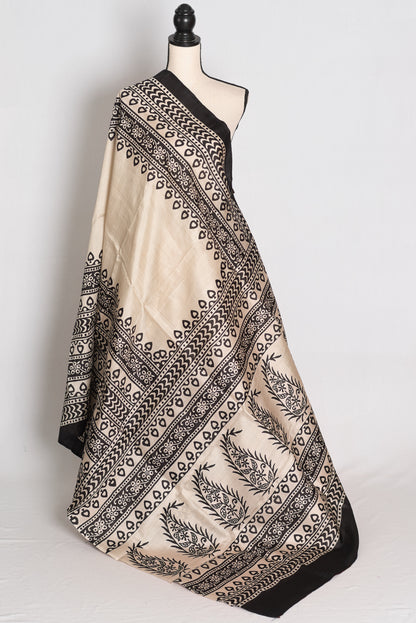 Nandini | Off-White & Black 3-Ply Murshidabad Block Printed Pure Silk Saree image 1