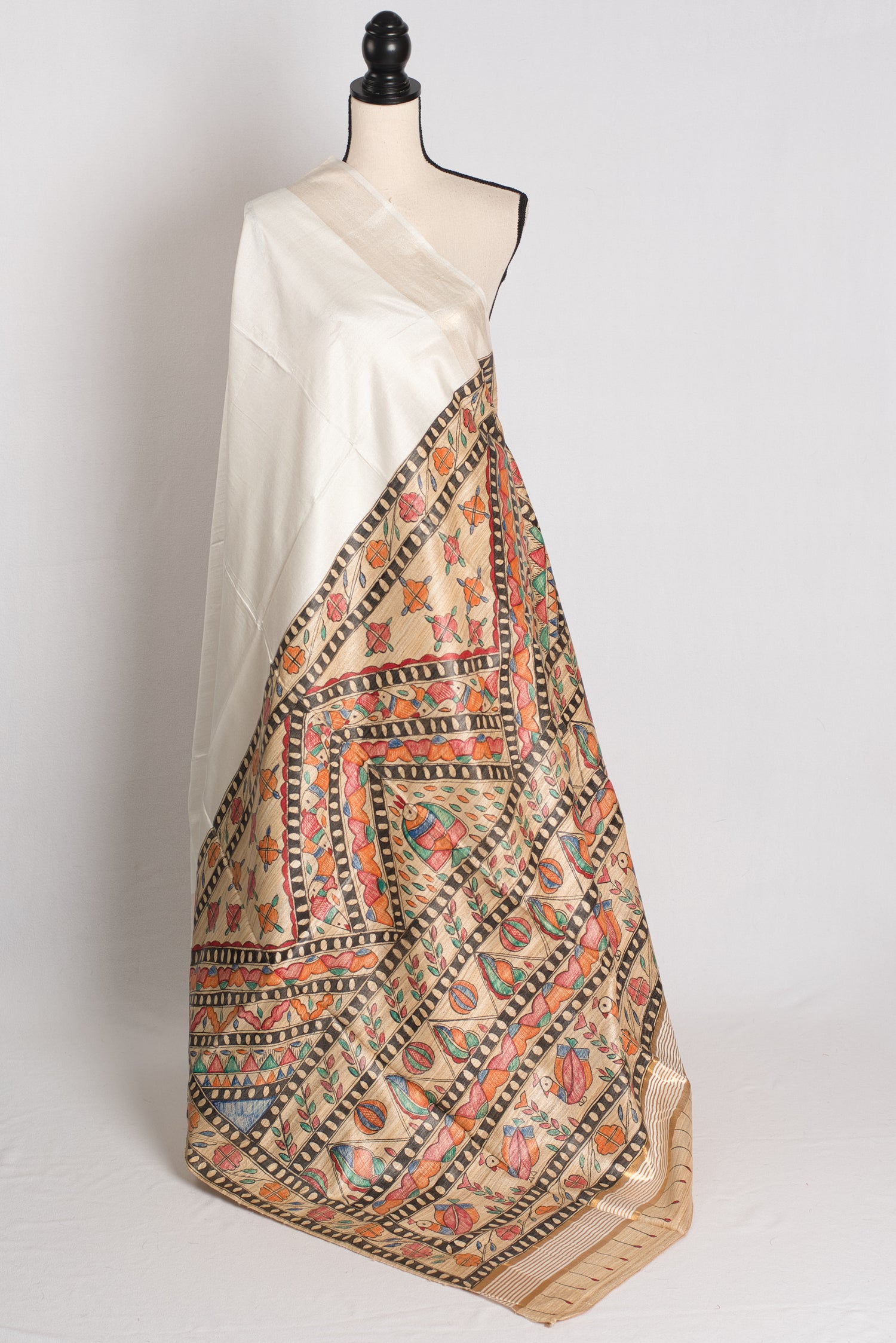 Shwetraag -  Hand-Painted Madhubani Staple Tussar Saree in Pristine White image 0