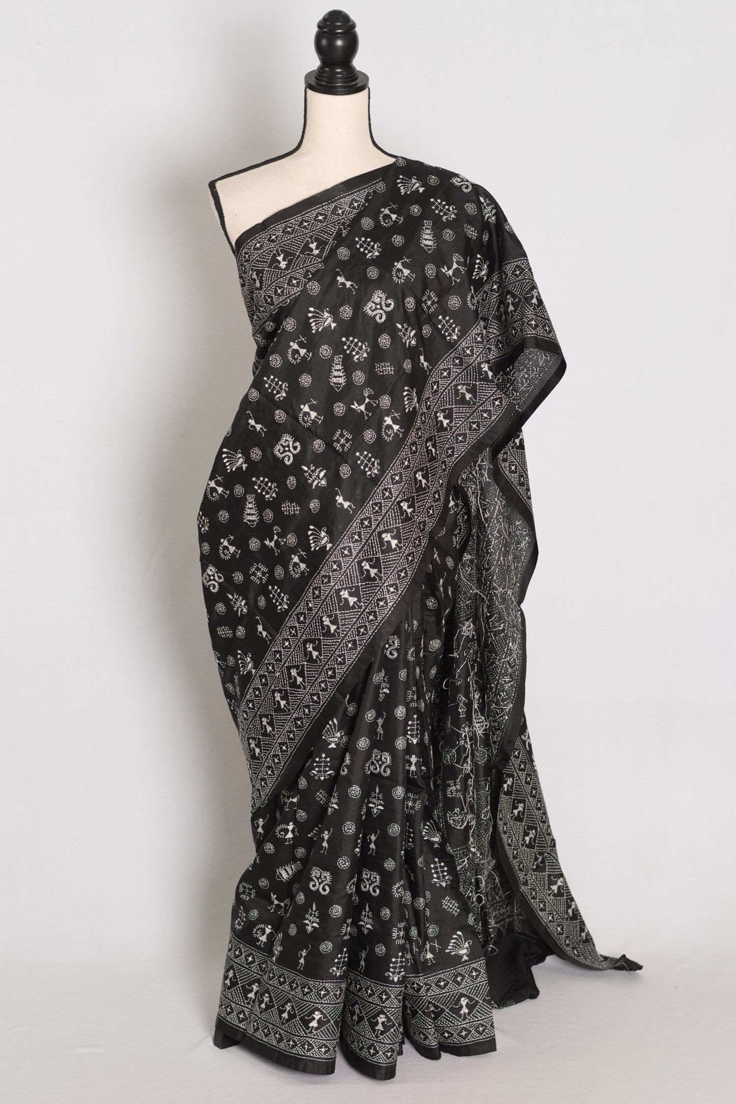 Kriti : Black Pure Silk Hand-Embroidered Kantha Stitch Saree with Warli Designi image 0