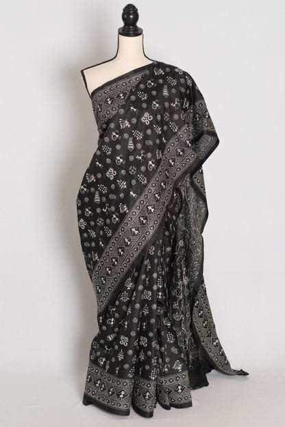 Kriti : Black Pure Silk Hand-Embroidered Kantha Stitch Saree with Warli Designi image 0
