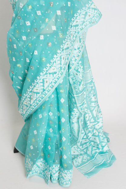 Subha : Sea Blue Blended Soft Cotton Jamdani Bengali Saree image 5