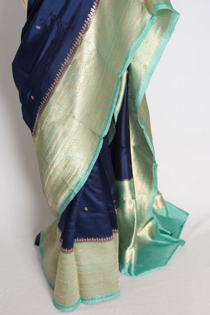 Nadia: Midnight Blue and Sea Green Wide Border Mango Silk Banarasi Saree image 5