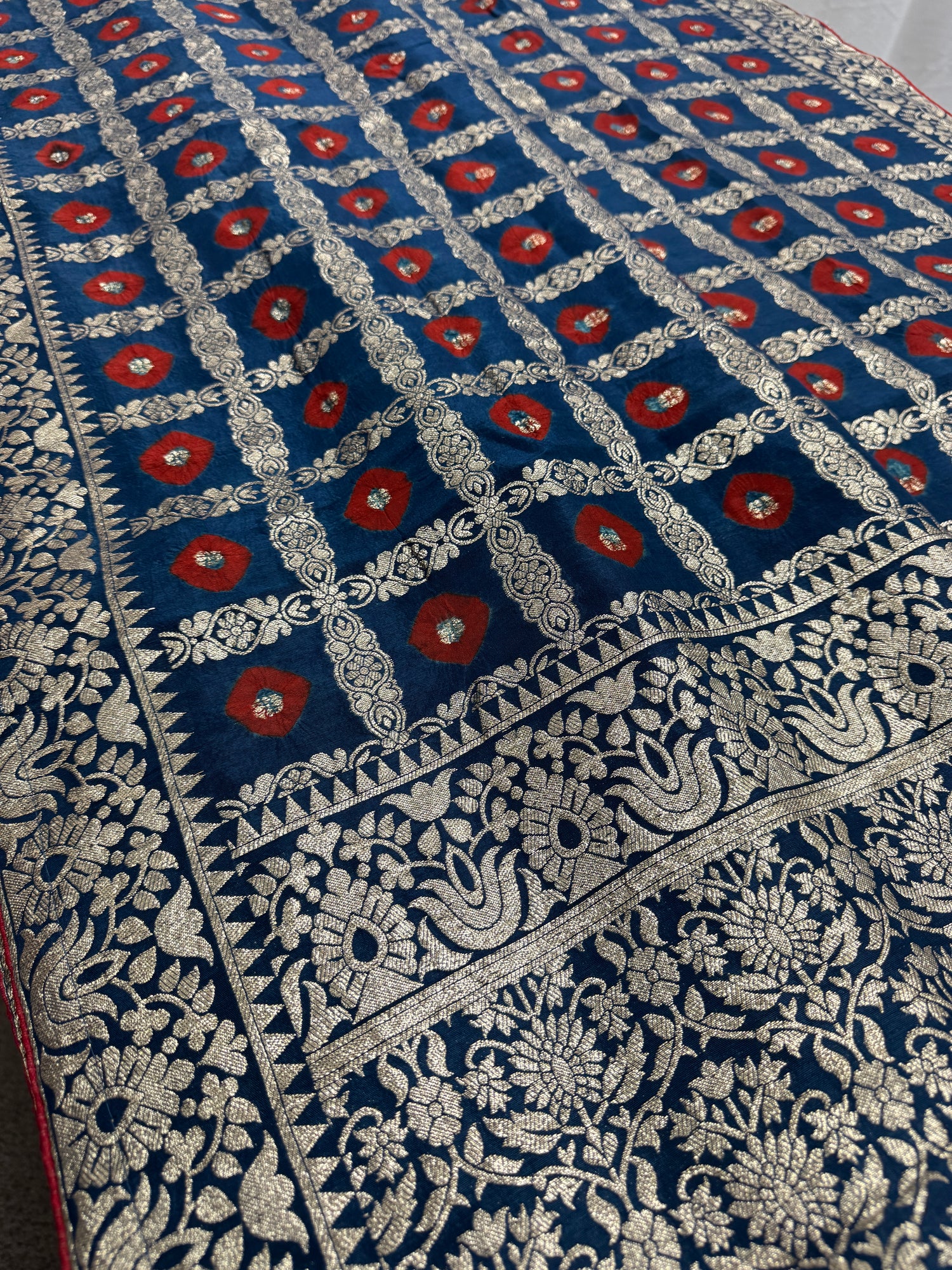 Parul | Dark Blue & Red Gharchola Banarasi Saree | Silver Zari Dola Silk image 0