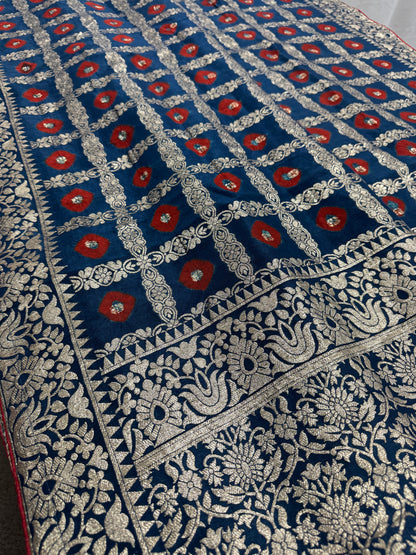 Parul | Dark Blue & Red Gharchola Banarasi Saree | Silver Zari Dola Silk image 0