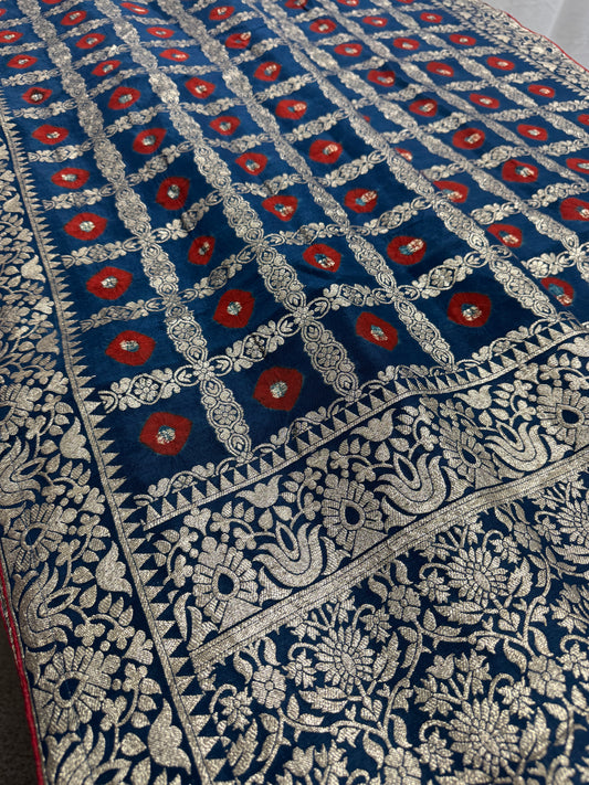 Parul | Dark Blue & Red Gharchola Banarasi Saree | Silver Zari Dola Silk image 0