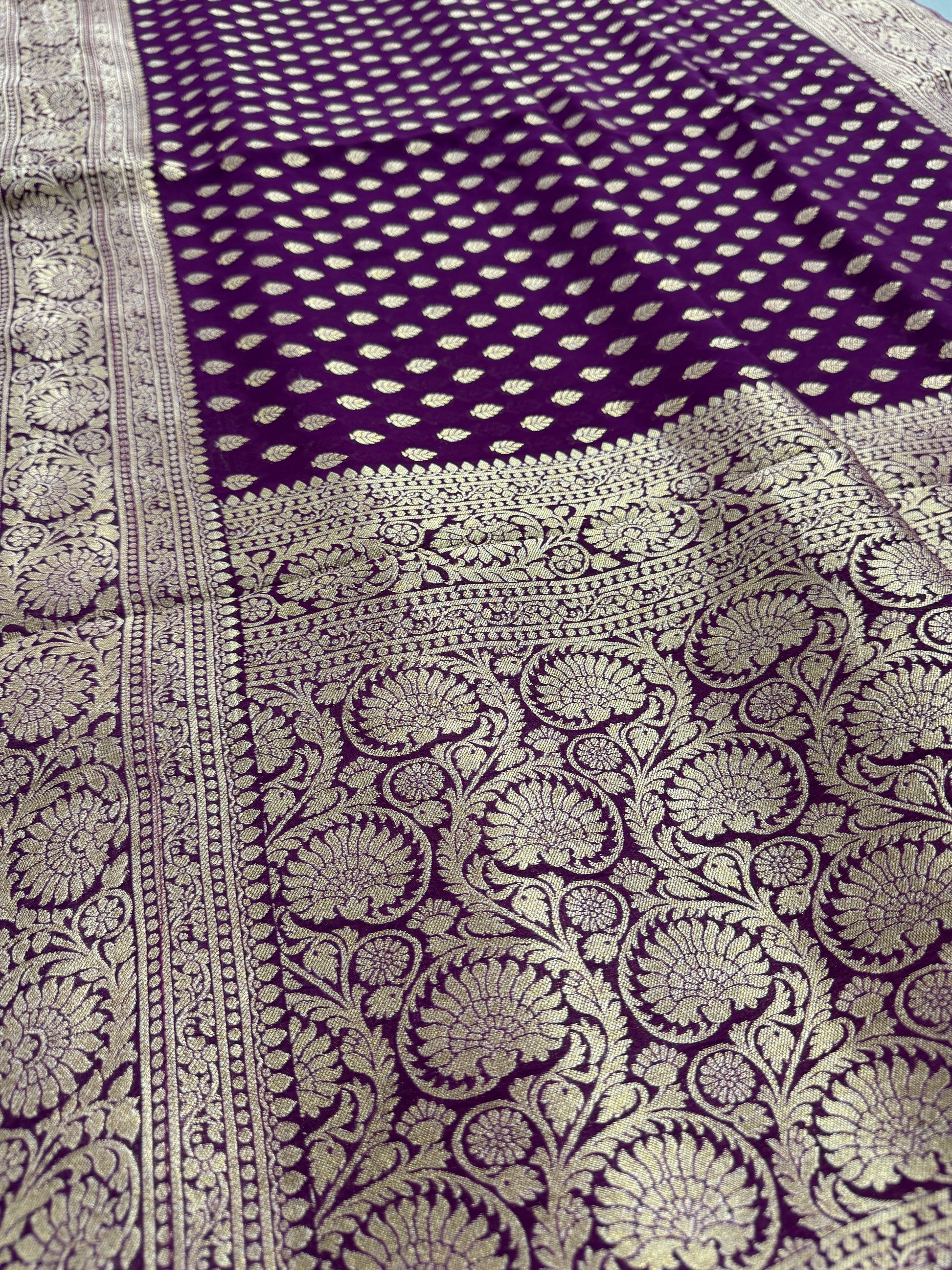 Trina : Wine and Gold Crepe Georgette Banarasi Saree image 1