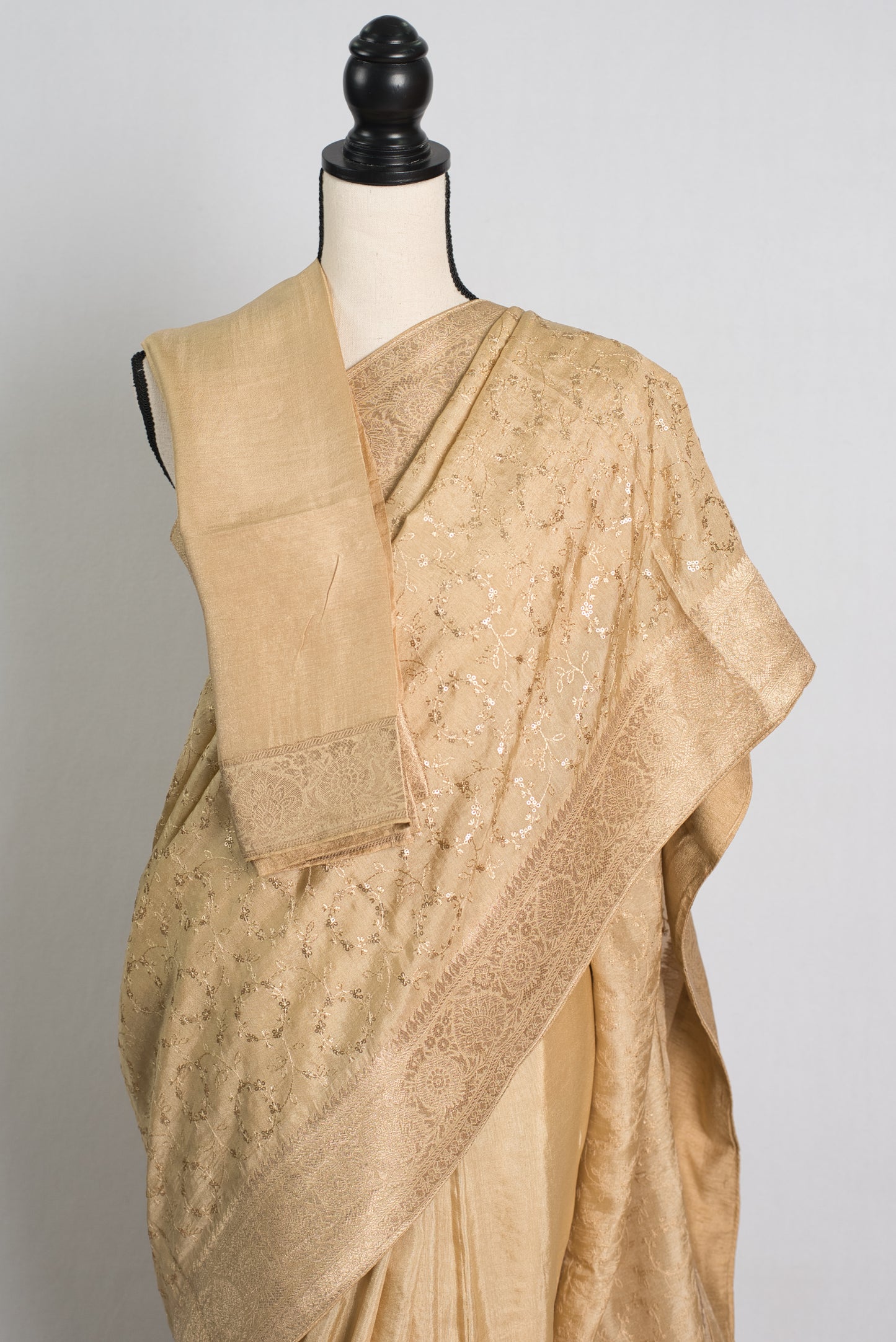 Beige and Gold Embroidery Dola Silk Cocktail Saree image 2
