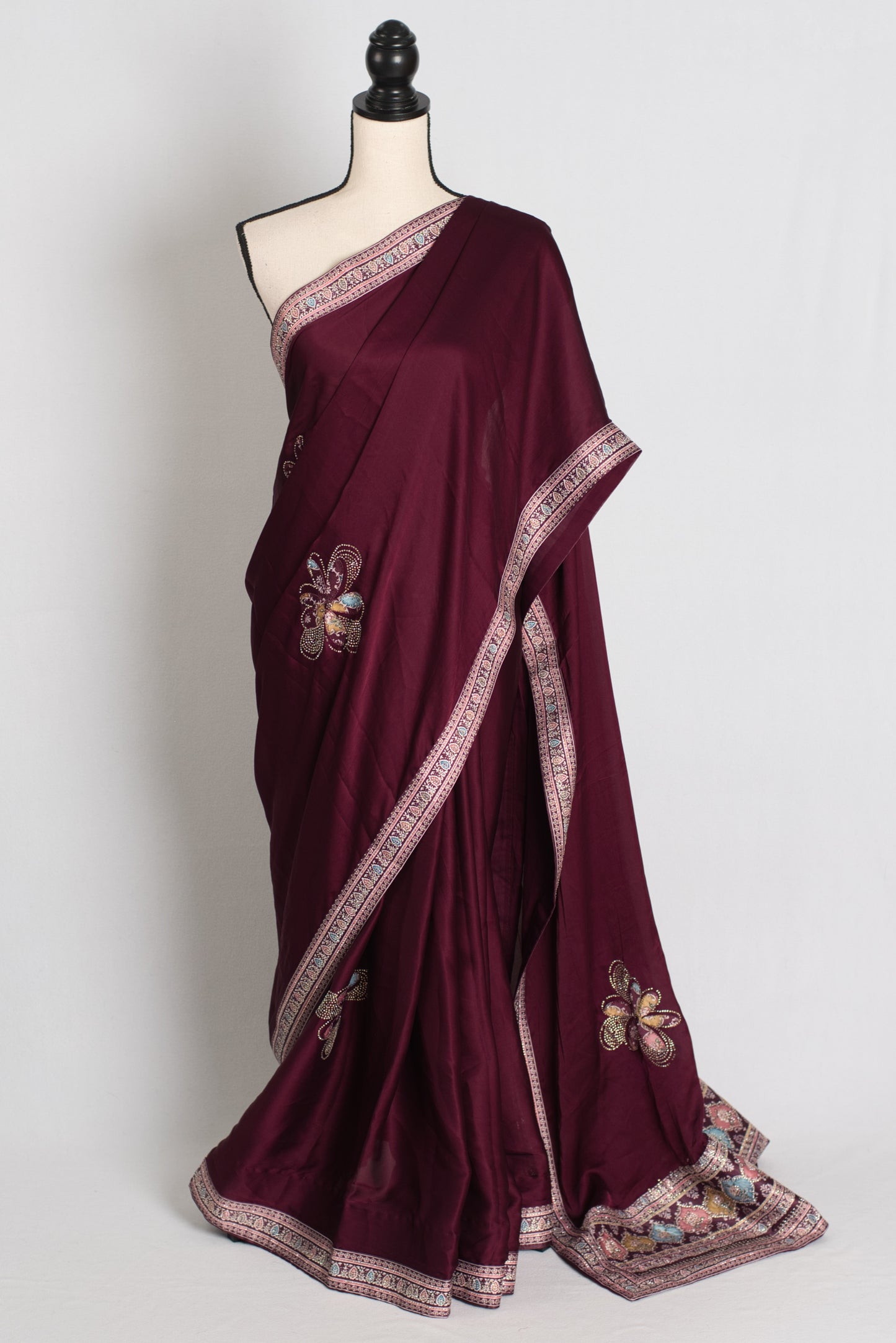 Mani : Wine Color Semi Satin Aplic Work Party Wear Saree image 0