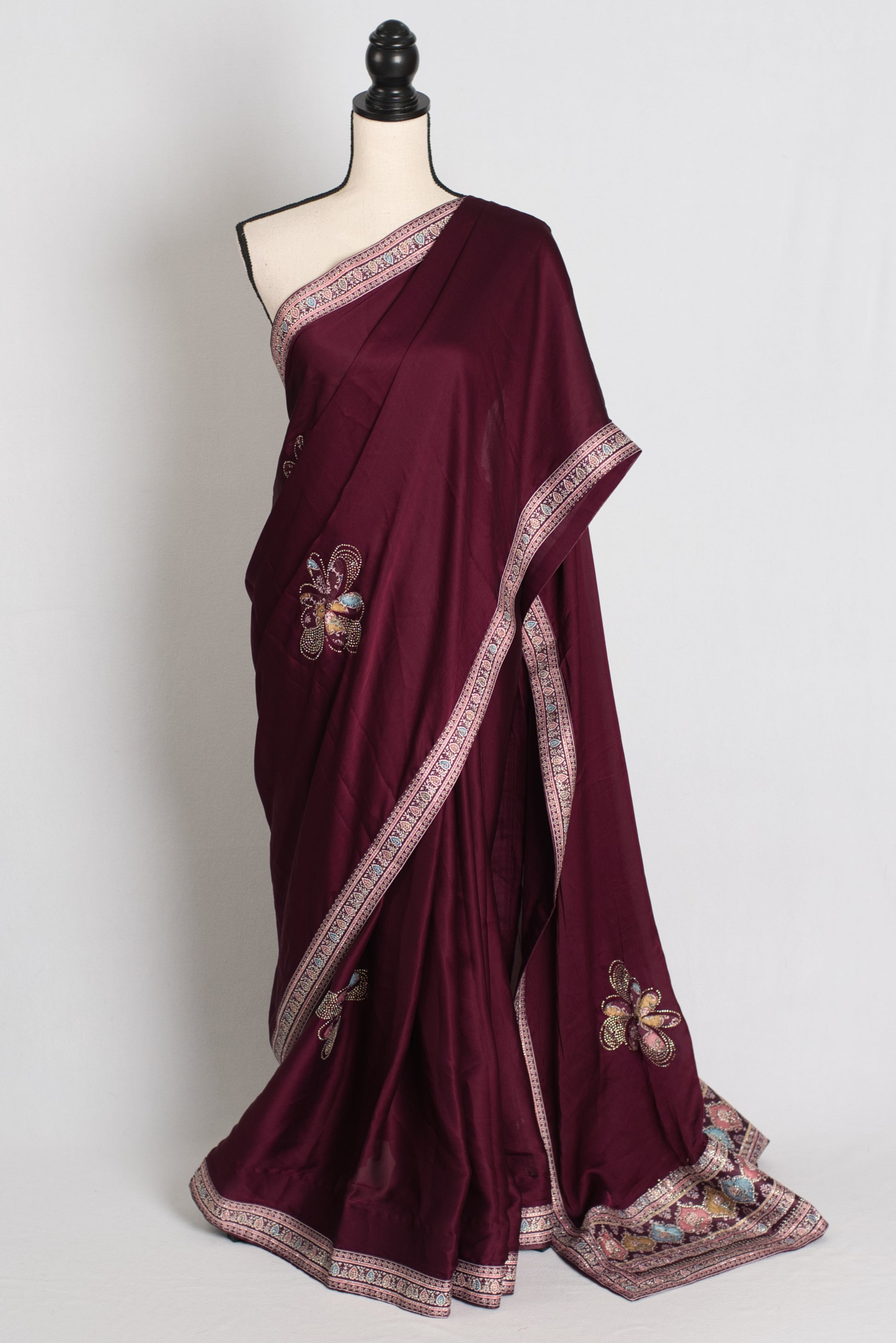 Mani : Wine Color Semi Satin Aplic Work Party Wear Saree image 0