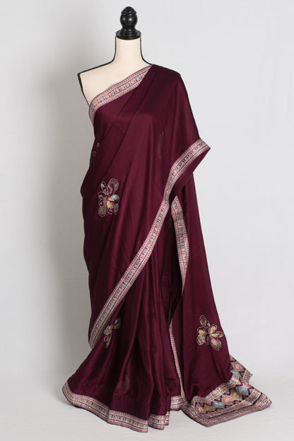 Mani : Wine Color Semi Satin Aplic Work Party Wear Saree image 0