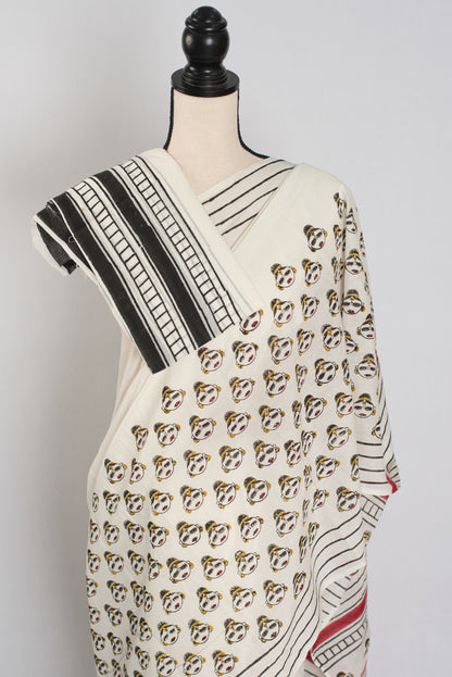 Sandhi: White & Black Contemporary Printed Mulmul Cotton Saree image 2