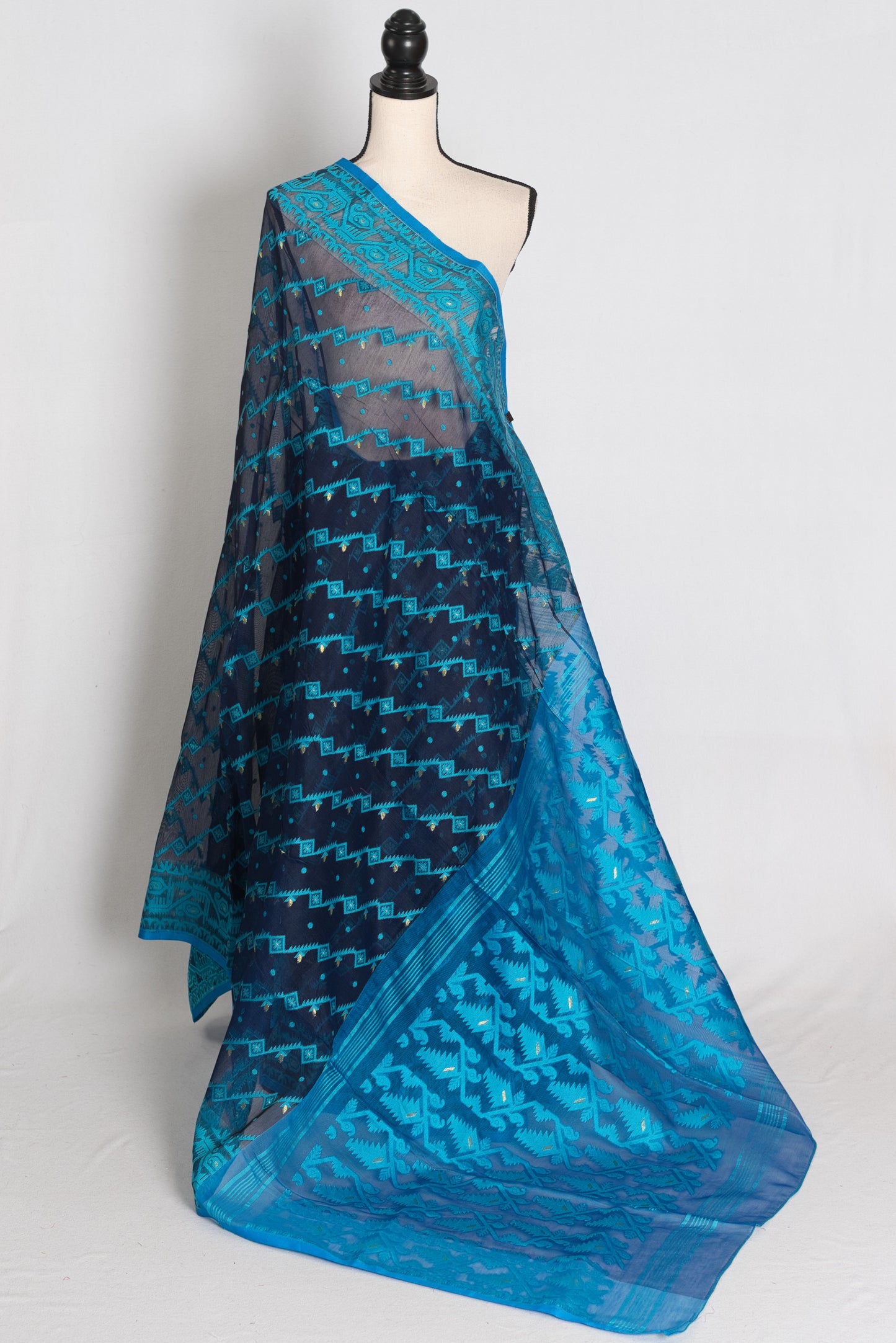 Neelam : Navy Blue and Turquoise Soft Blended Cotton Jamdani Saree image 1