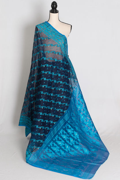 Neelam : Navy Blue and Turquoise Soft Blended Cotton Jamdani Saree image 1
