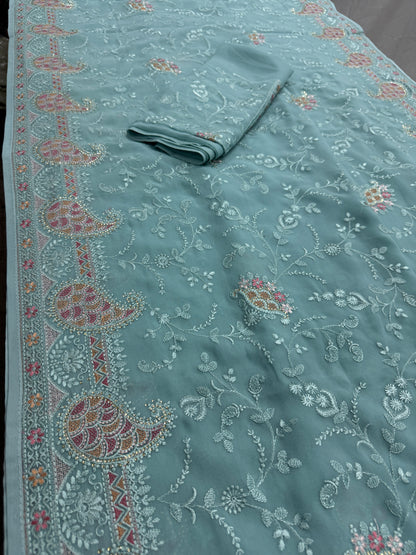 Sudha | Soft Blue Georgette Partywear Saree | Soothing Pastel Floral Embroidery image 1