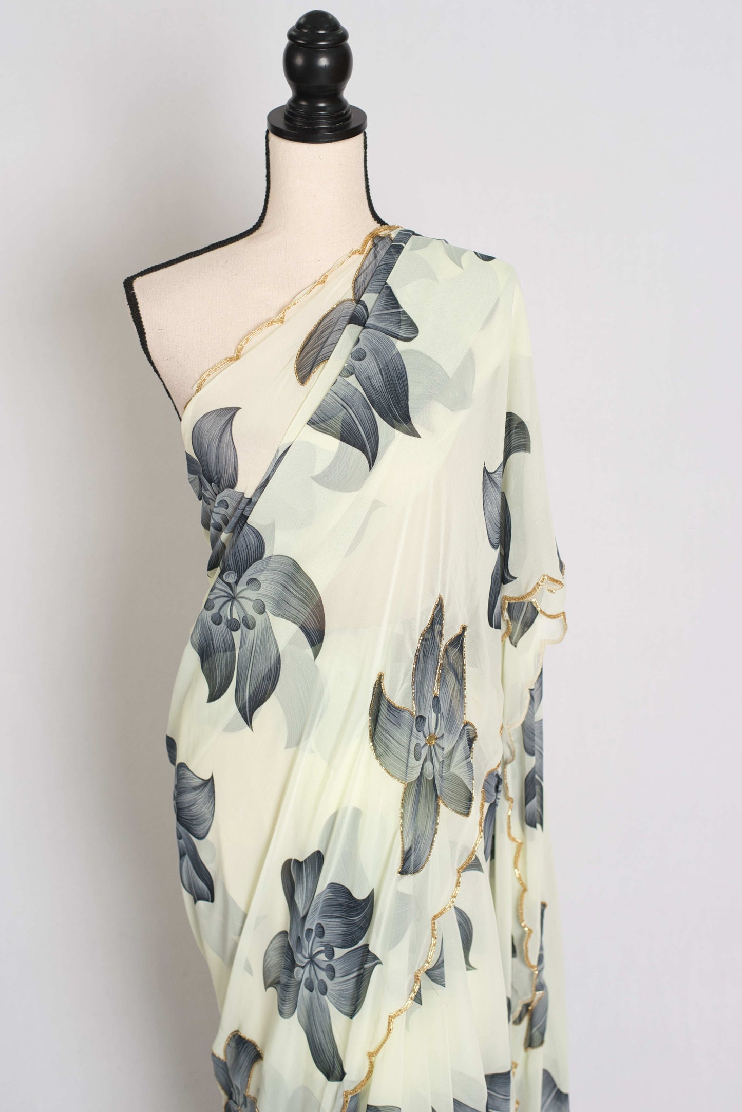 Nibha : Pale Yellow and Gray Floral Georgette Designer Embroidery Saree image 6