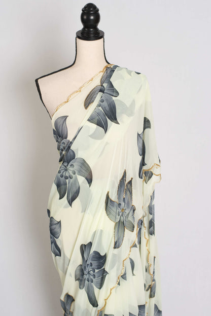 Nibha : Pale Yellow and Gray Floral Georgette Designer Embroidery Saree image 6