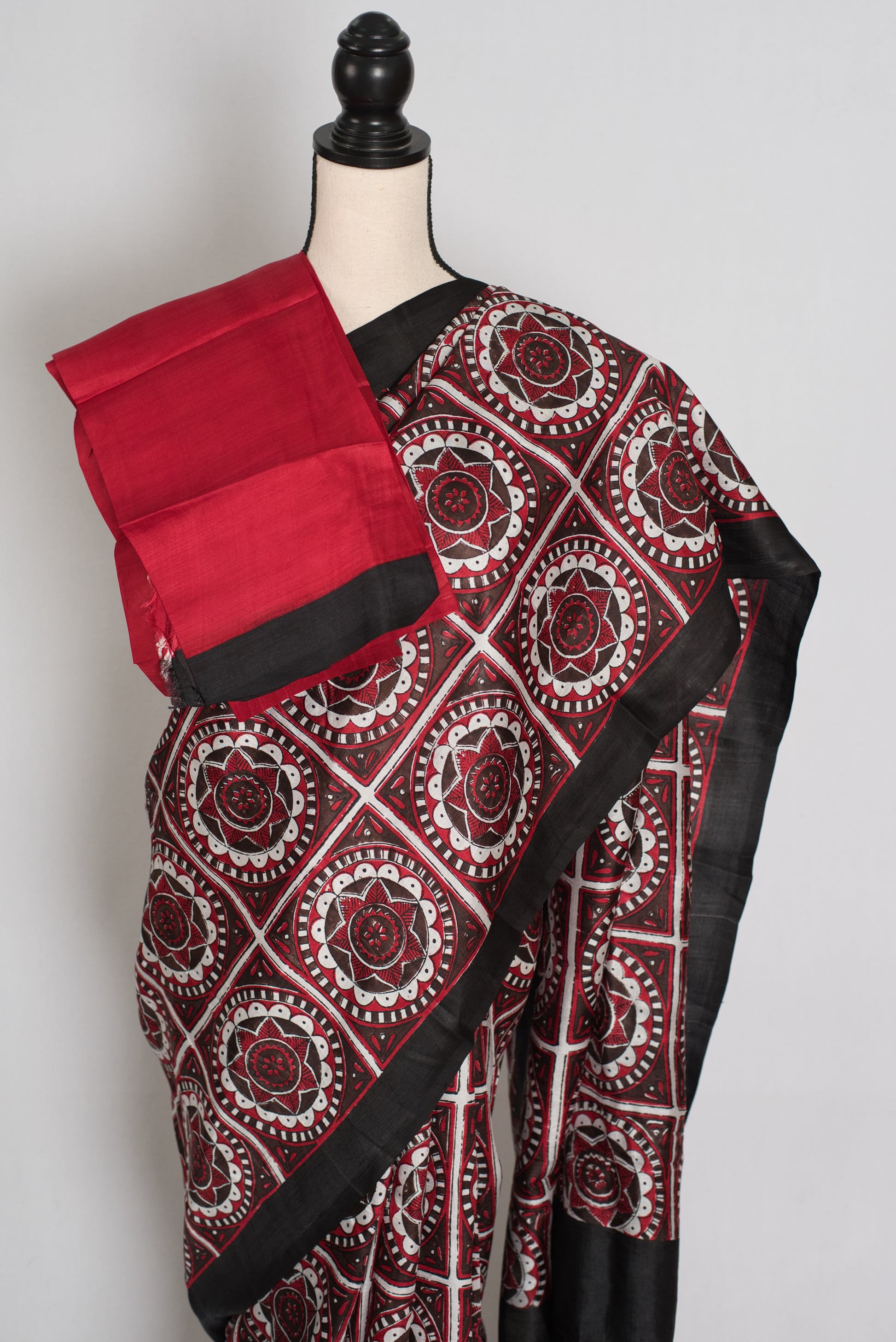Dhriti : Black and Red Contemporary Hand Block Printed Murshidabad Silk Saree image 2