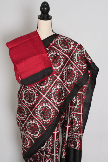 Dhriti : Black and Red Contemporary Hand Block Printed Murshidabad Silk Saree image 2